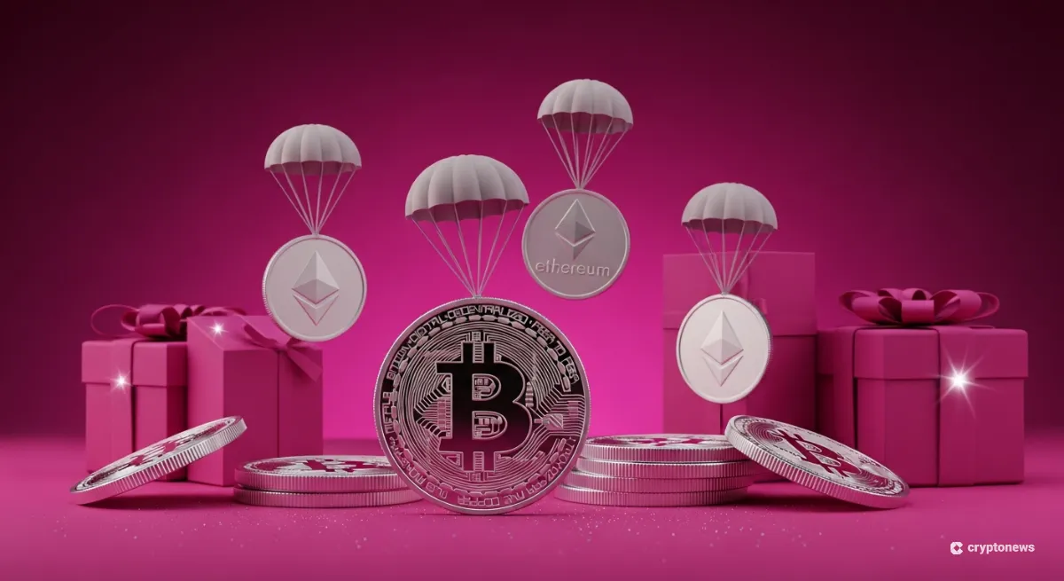 マゼンタ基調の仮想通貨エアドロップを象徴するコインとパラシュート
