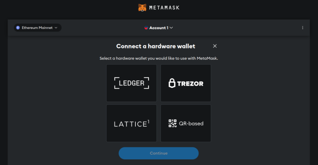 لقطة شاشة لكيفية ربط جهاز المحفظة بـ MetaMask